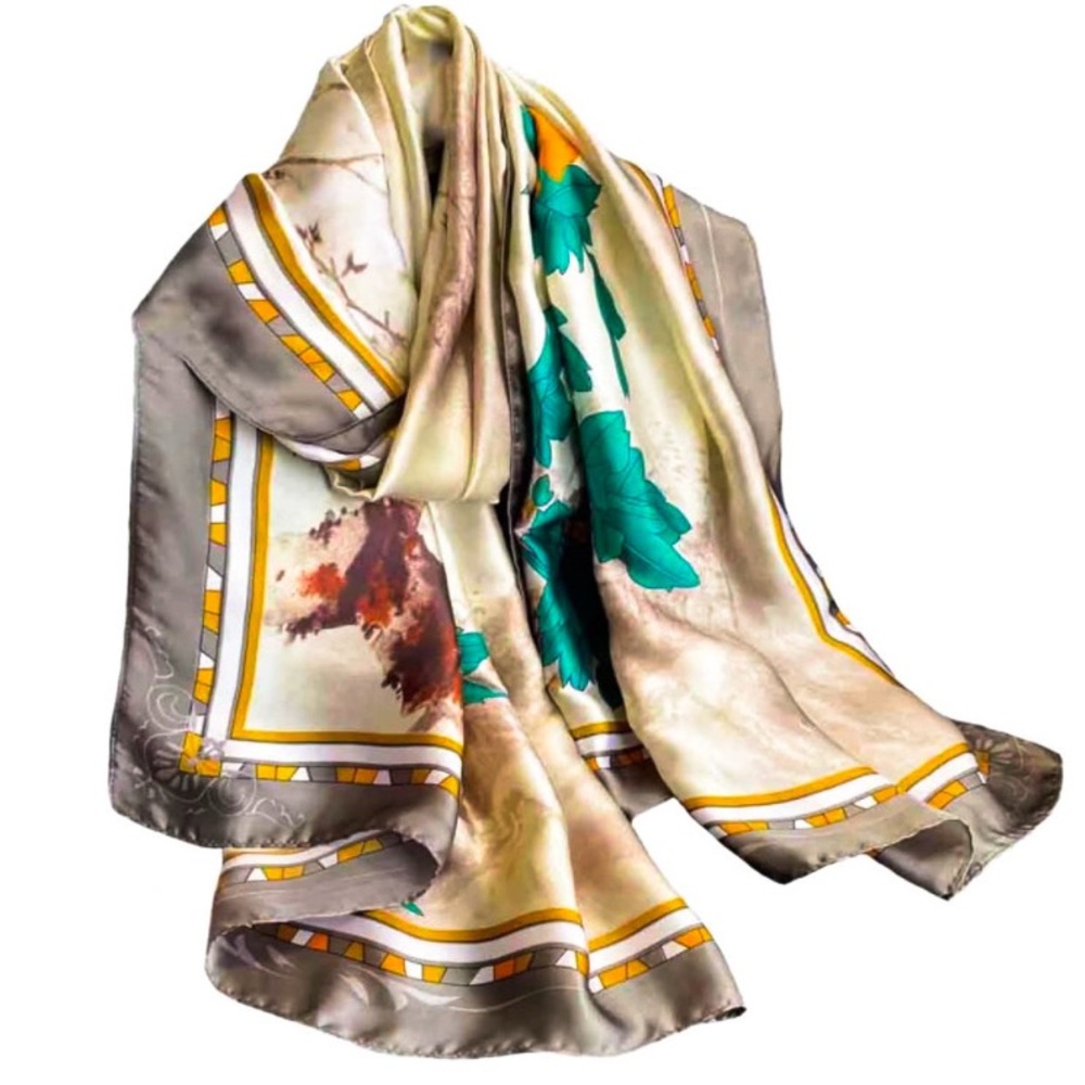 🌹🆕 Silky Scarf Wrap Shawl with Gray Ivory Teal Design - Picture 7 of 11